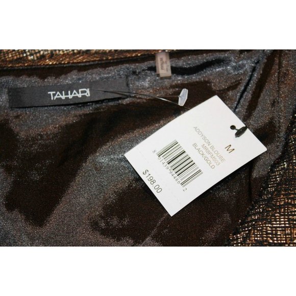 TAHARI Addyson PEPLUM Black Gold TOP Lined METALLIC Shirt $198 - Picture 2 of 2